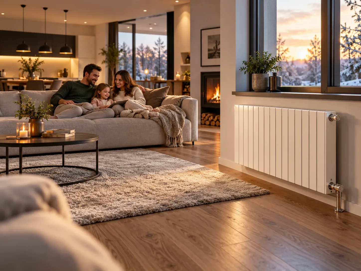 Familia disfrutando una sala cálida junto a un radiador